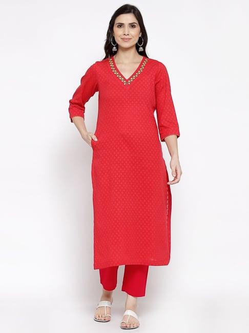 dart studio red cotton embroidered a line kurta