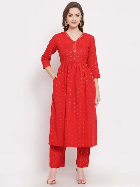 dart studio red cotton embroidered kurta palazzo set