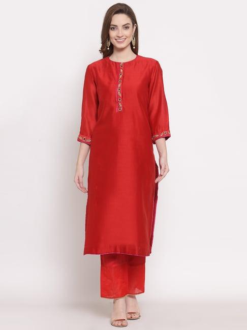 dart studio red embroidered straight kurta