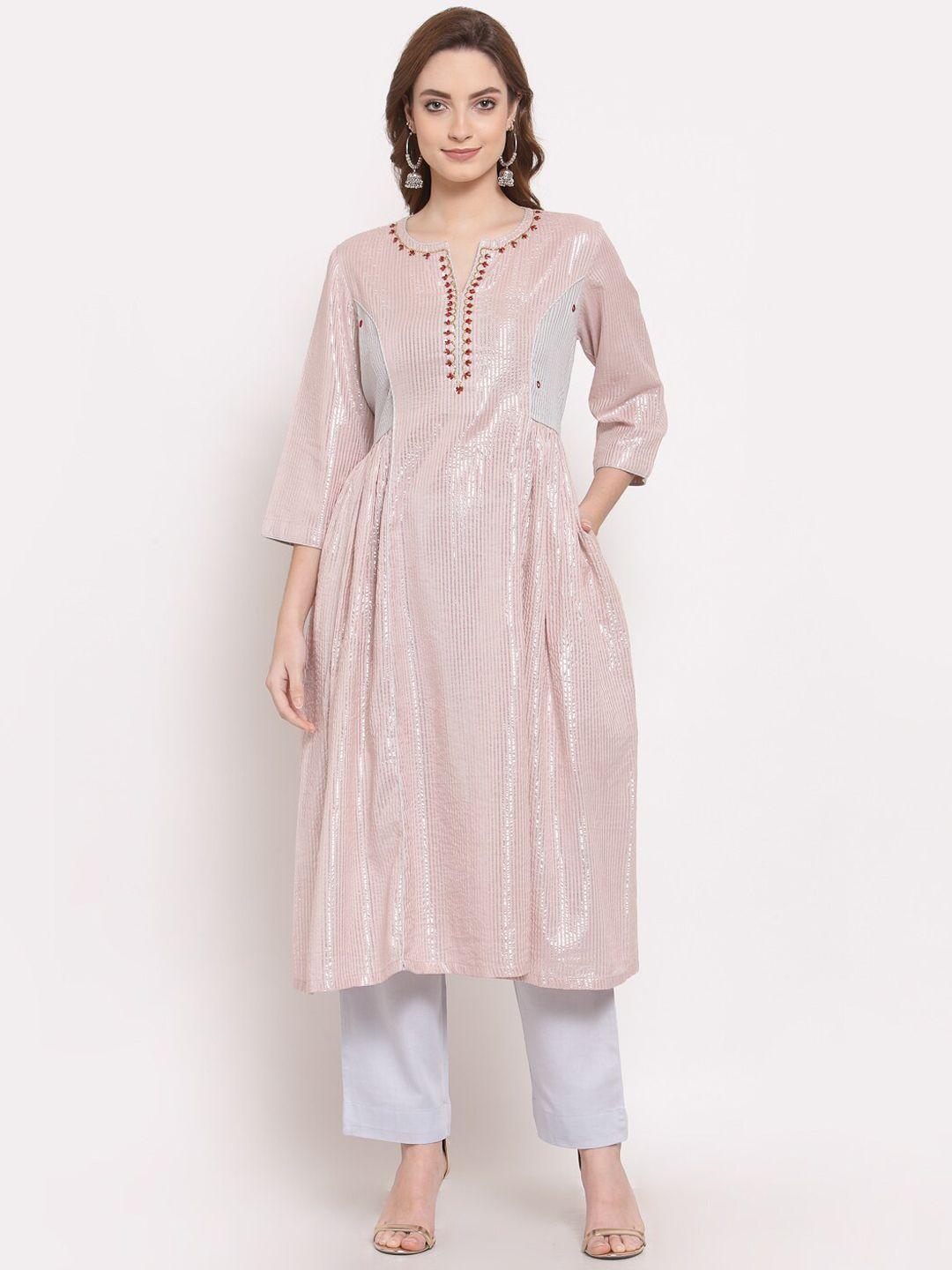 dart studio striped beads and stones work a-line pure cotton kurta with trousers