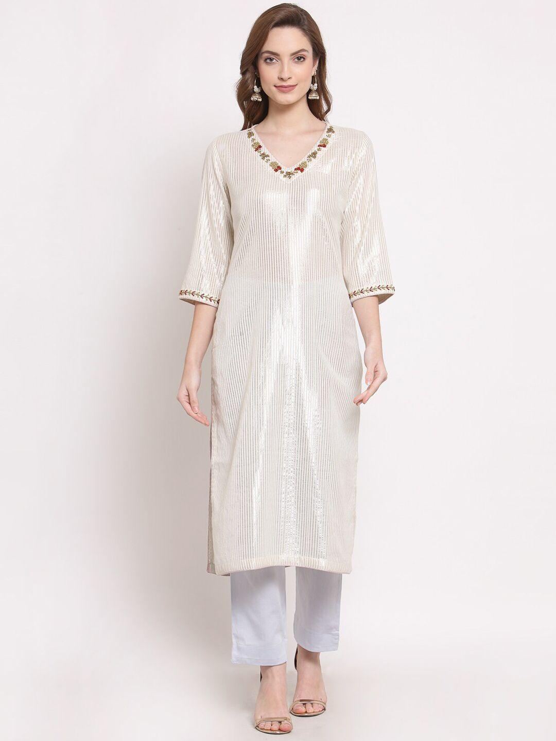 dart studio v-neck striped beads work straight pure cotton kurta with trousers