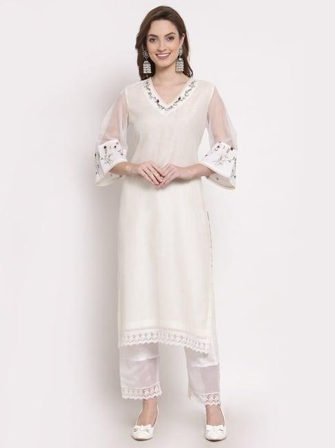 dart studio white embroidered straight kurta