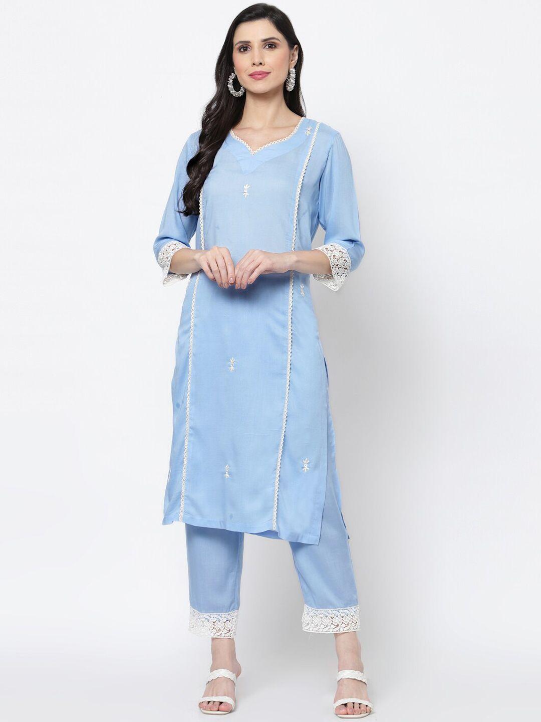 dart studio women blue & plein air embroidered thread work kurta