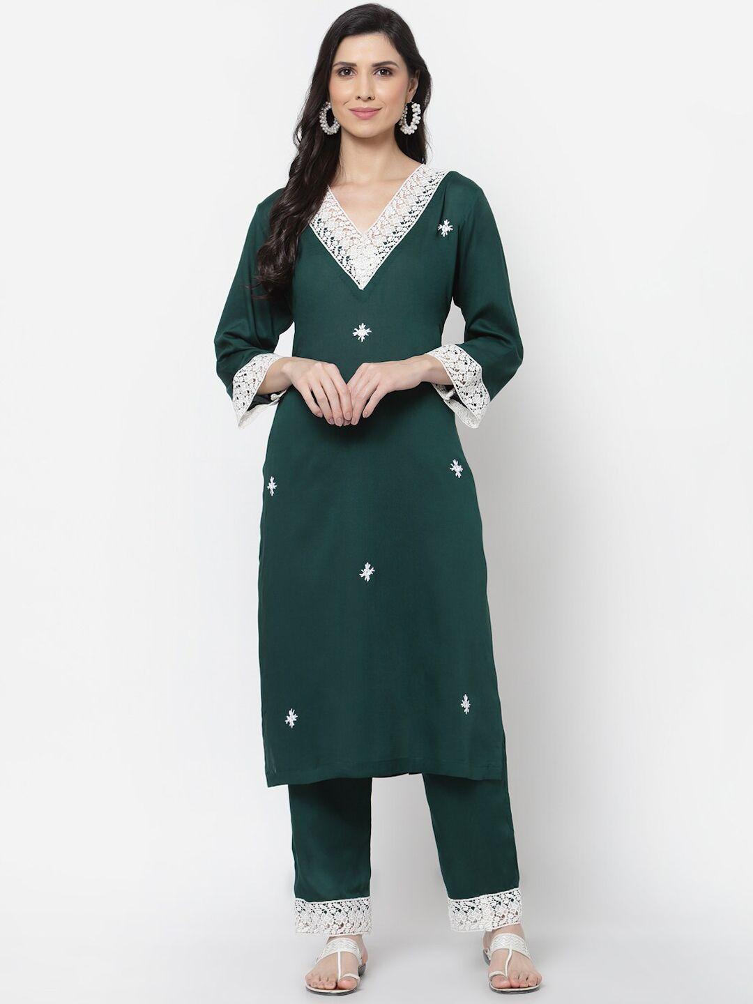 dart studio women green & gunmetal embroidered flared sleeves thread work kurta