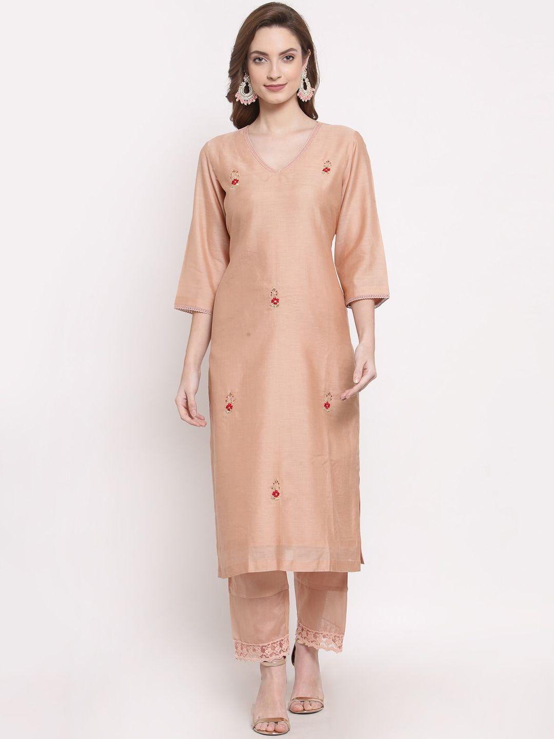 dart studio women peach-coloured embroidered flared sleeves chanderi silk chanderi silk kurta