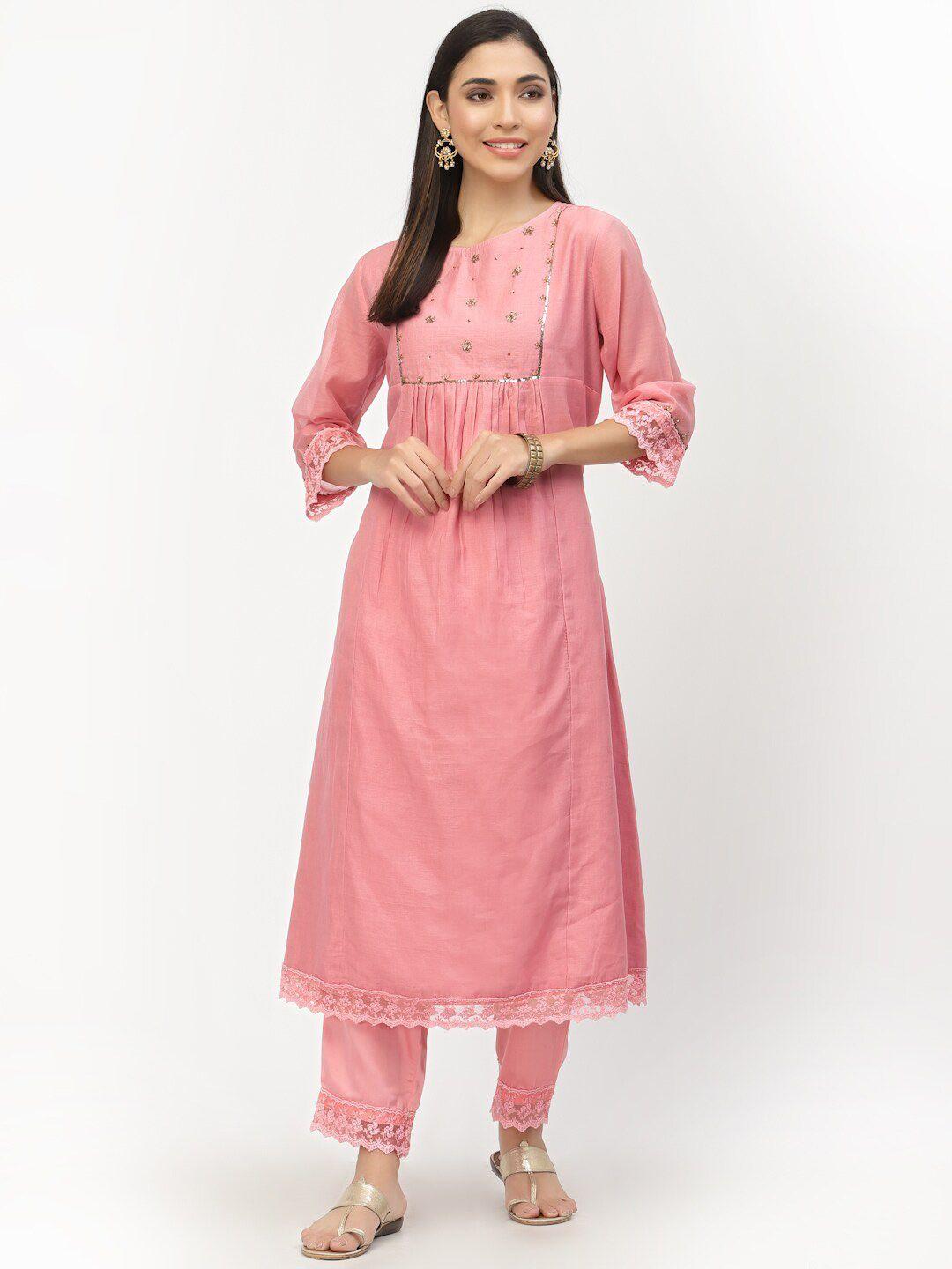 dart studio women peach floral embroidered chanderi silk fusion kurta with trousers