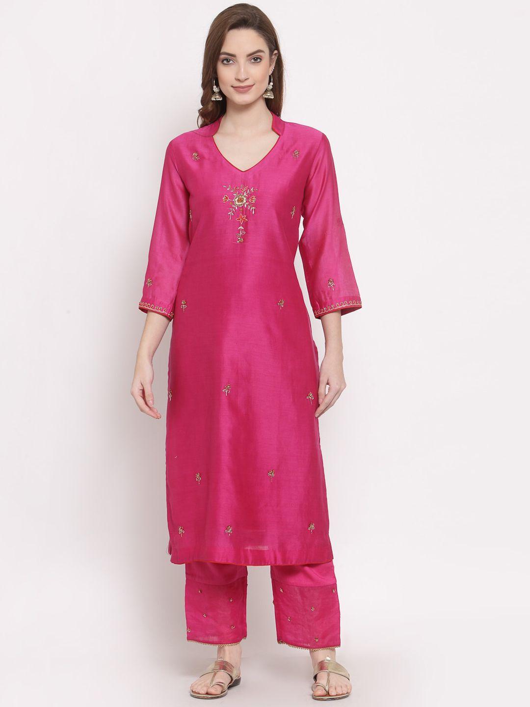 dart studio women pink embroidered flared sleeves chanderi silk chanderi silk kurta