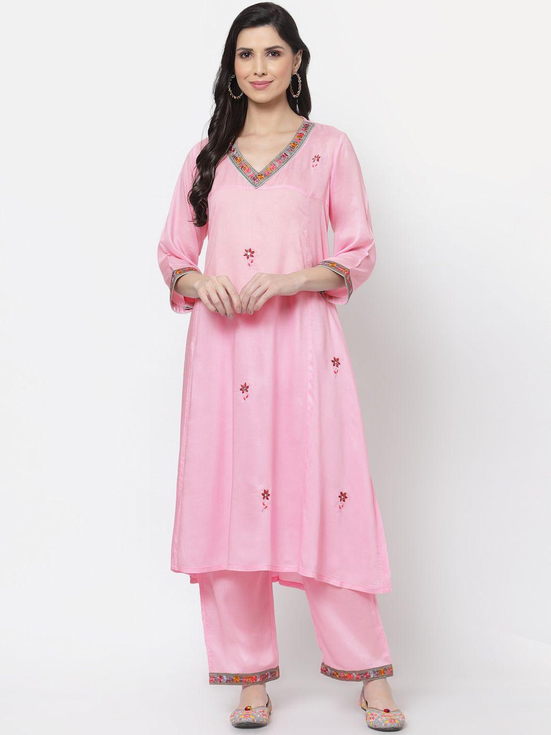 dart studio women pink embroidered flared sleeves kurta