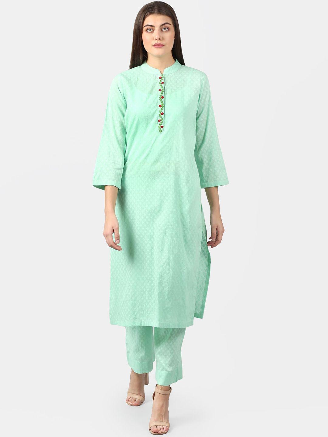 dart studio women sea green geometric embroidered flared sleeves thread work jacquard kurta