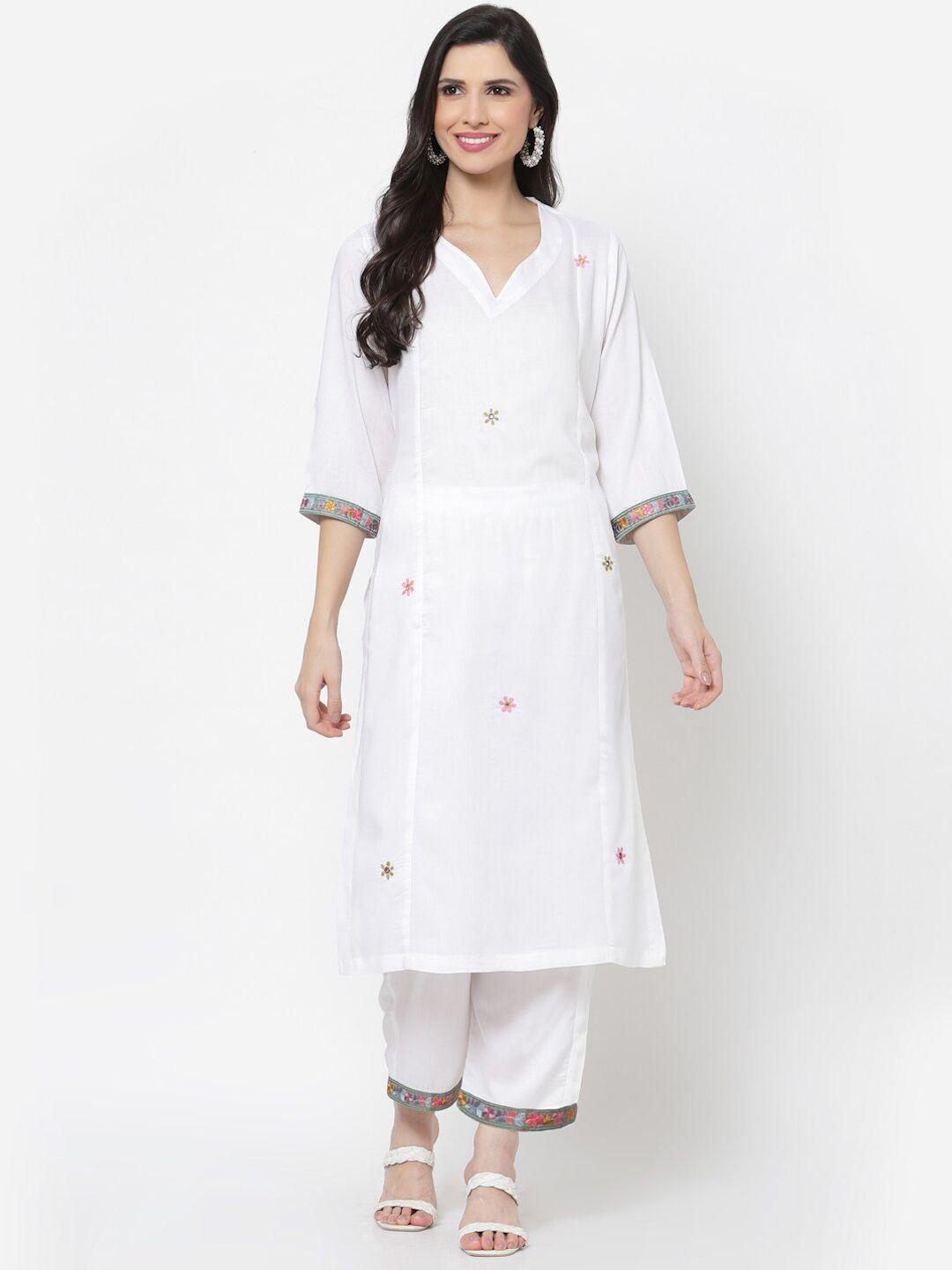 dart studio women white & bright gray floral embroidered thread work kurta