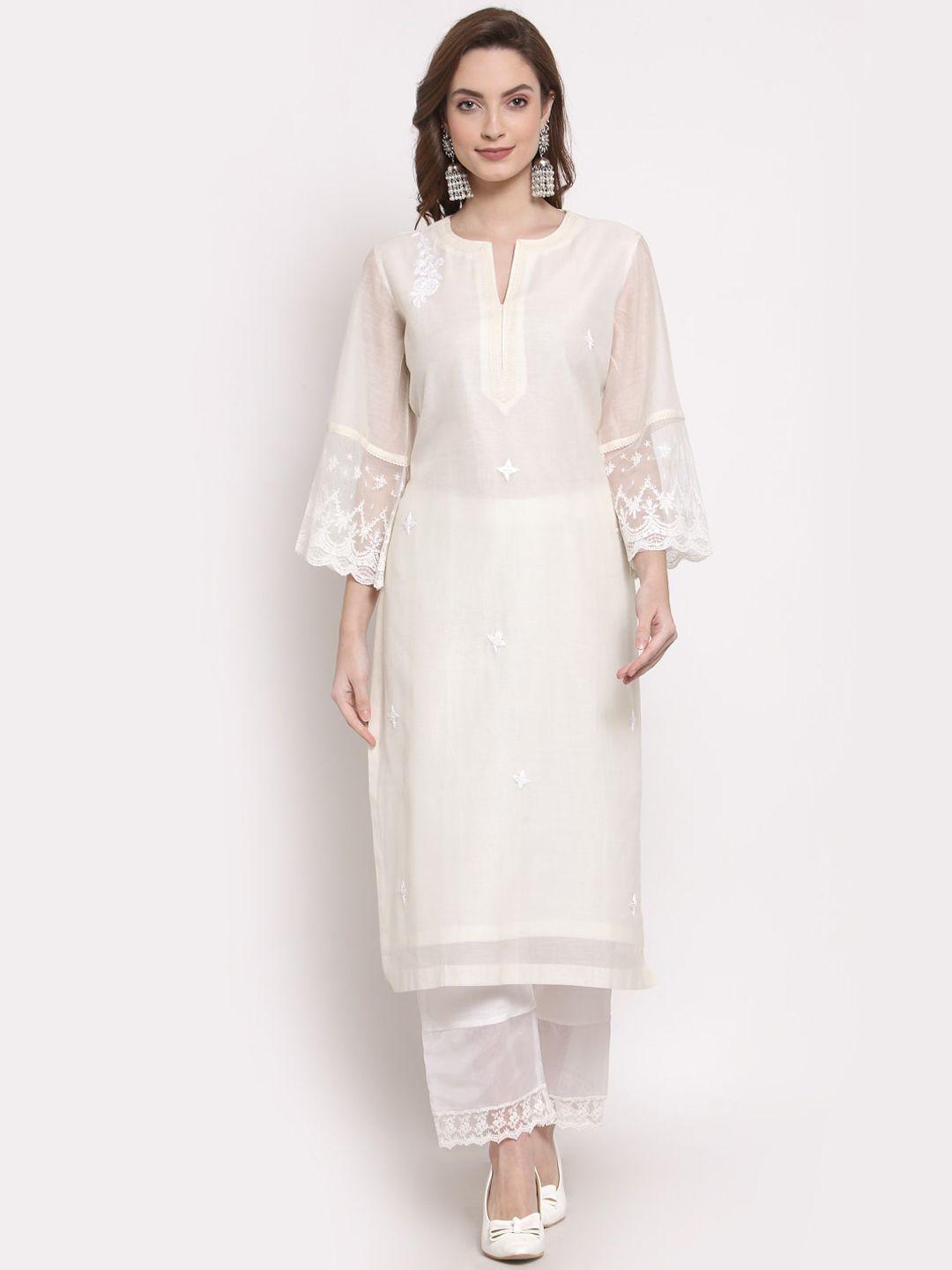 dart studio women white thread work chanderi silk kurta