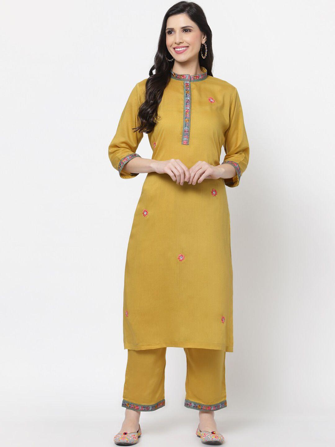 dart studio women yellow & celery yoke design thread work kurta