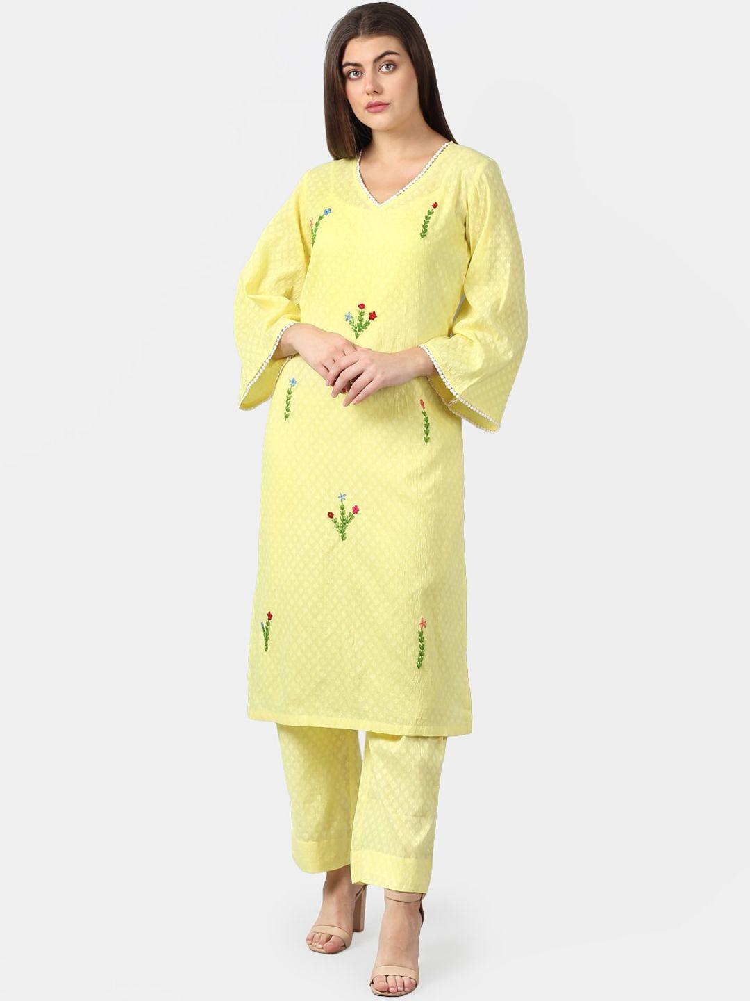 dart studio women yellow floral embroidered flared sleeves chikankari jacquard kurta