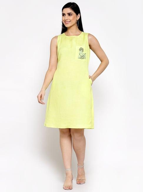 dart studio yellow linen embroidered a-line dress