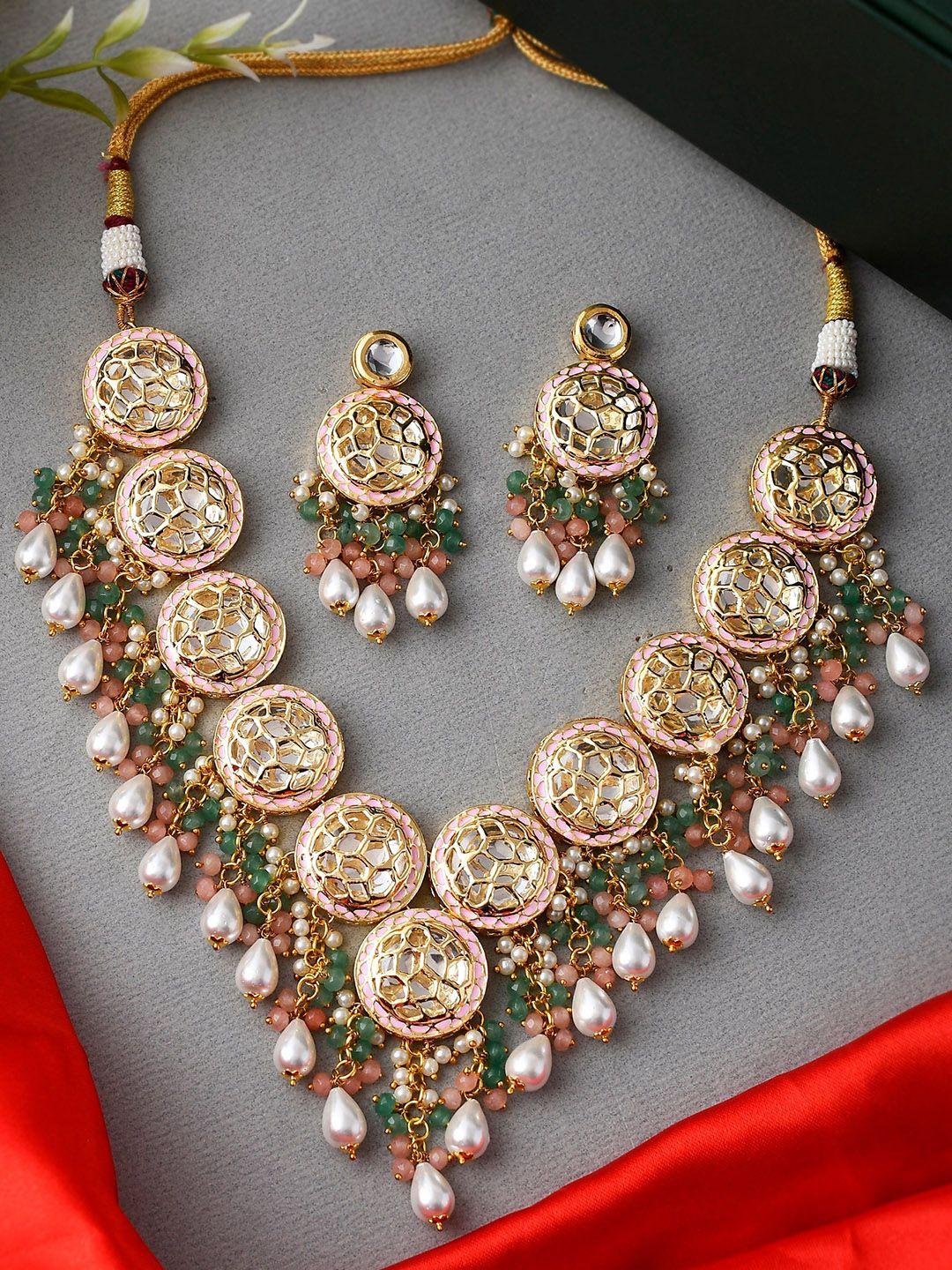 dastoor  gold-plated kundan & pearl studded jewellery set
