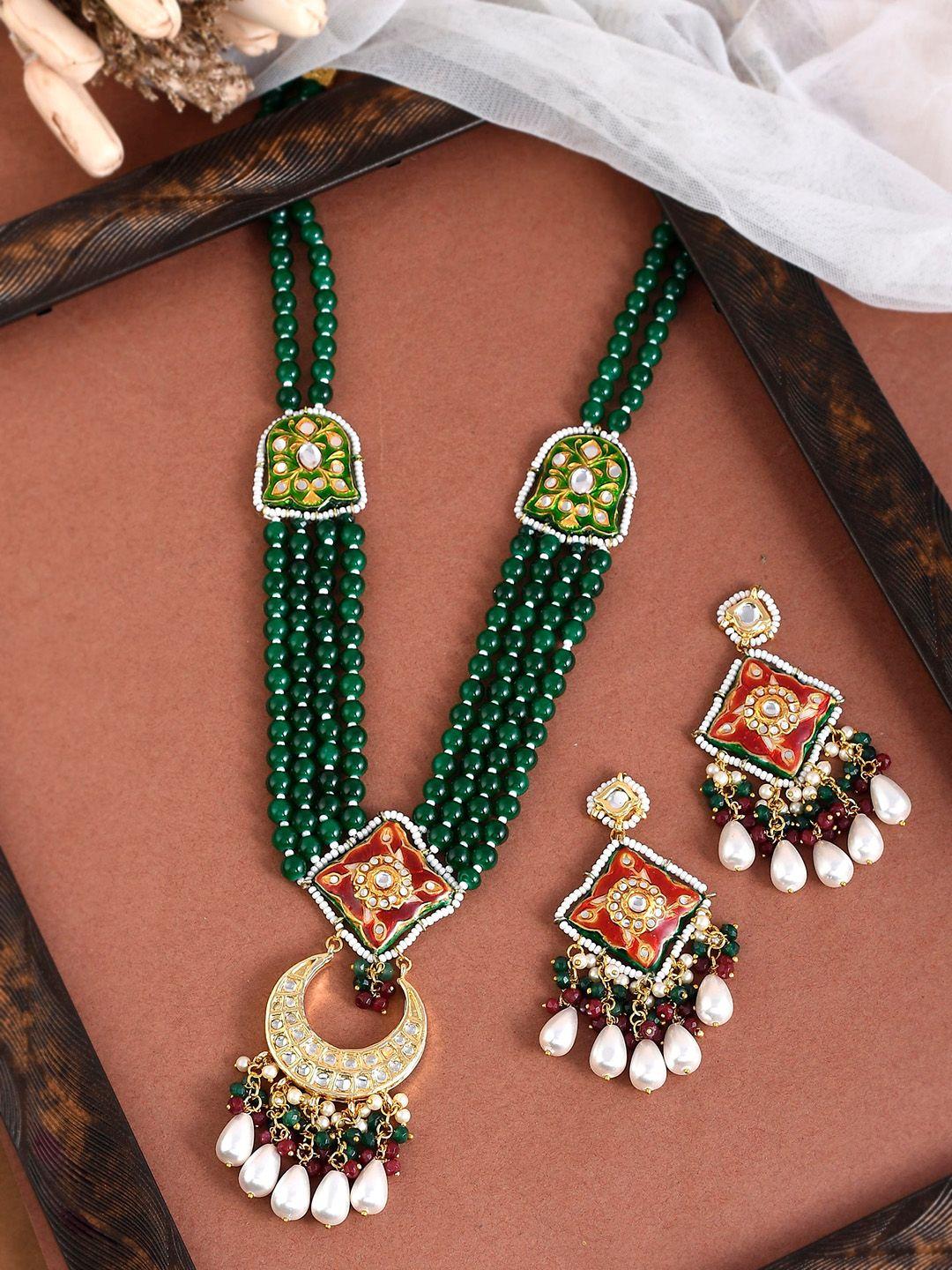 dastoor gold-plated & green kundan & bead studded jewellery set