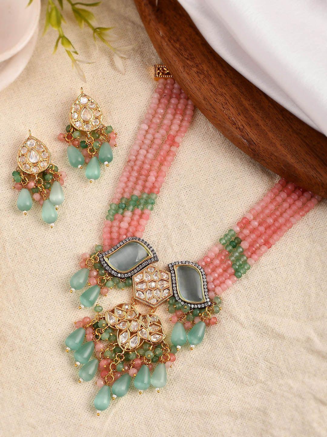 dastoor gold-plated pink & green polki kundan designer jewellery set