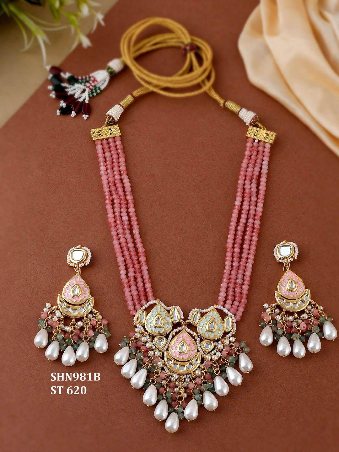 dastoor women pink & white gold-plated kundan & beaded jewellery set