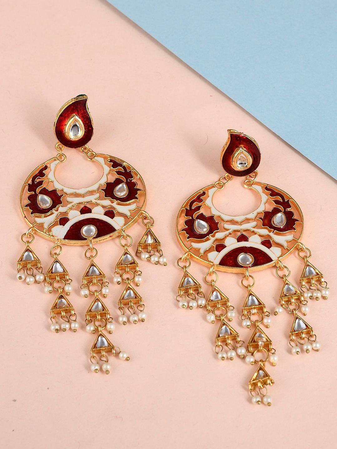 dastoor brass-plated contemporary kundan studded chandbalis earrings
