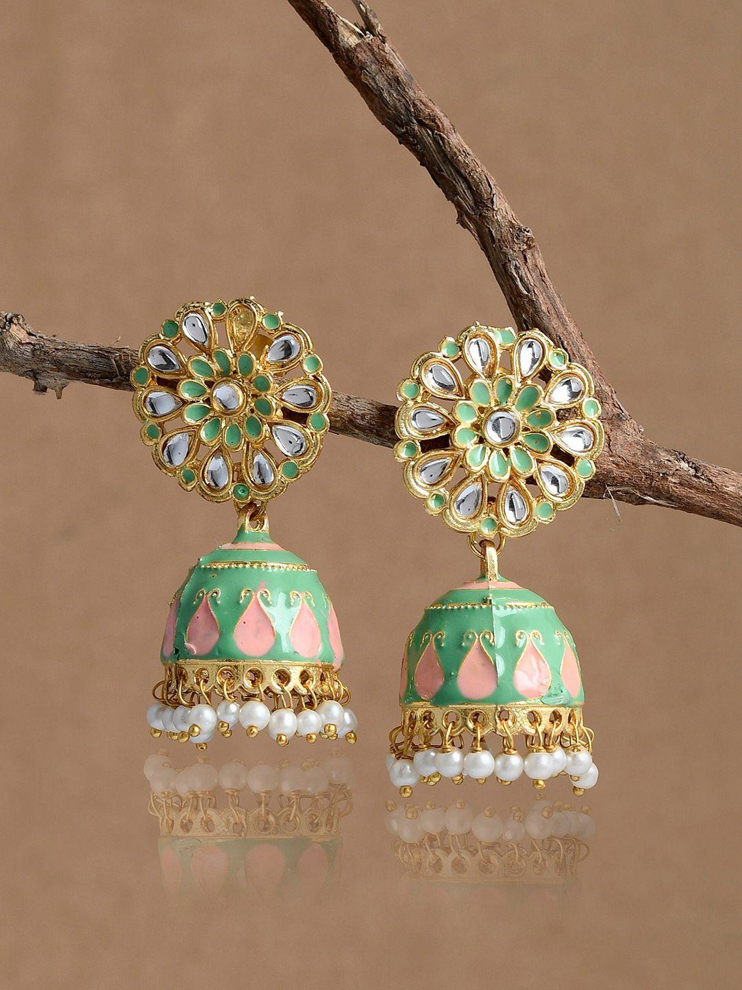 dastoor brass-plated dome shaped kundan studded jhumkas