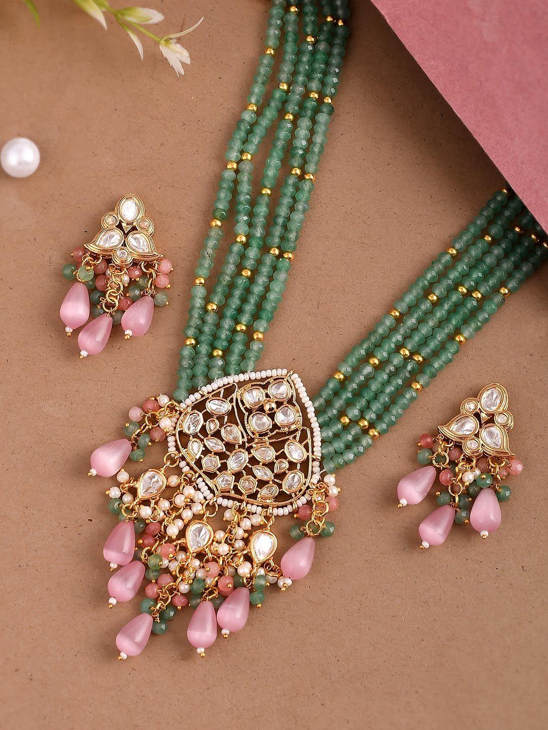 dastoor brass-plated green & pink polki kundan designer jewellery set