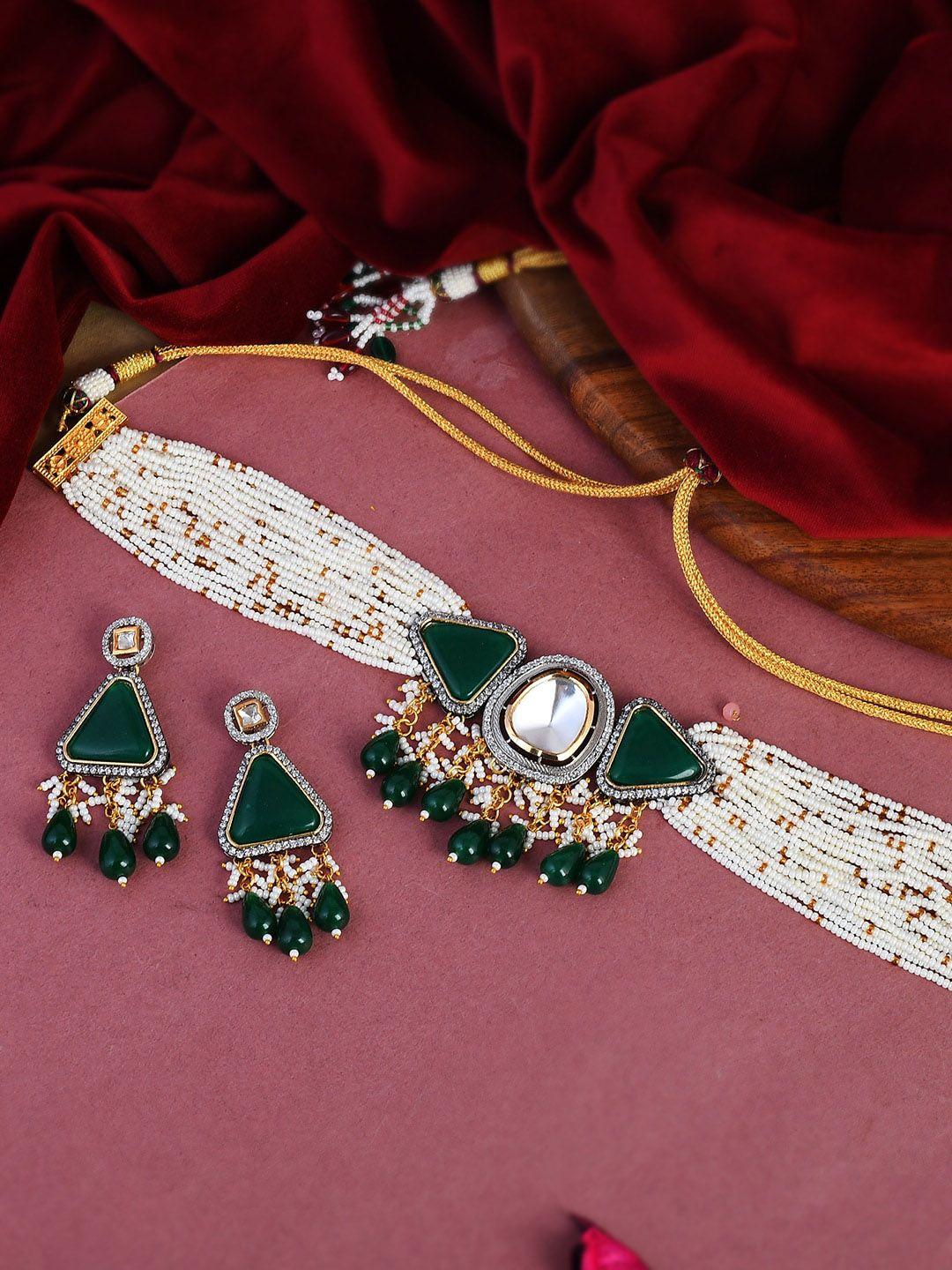 dastoor brass-plated green & white polki kundan studded jewellery set