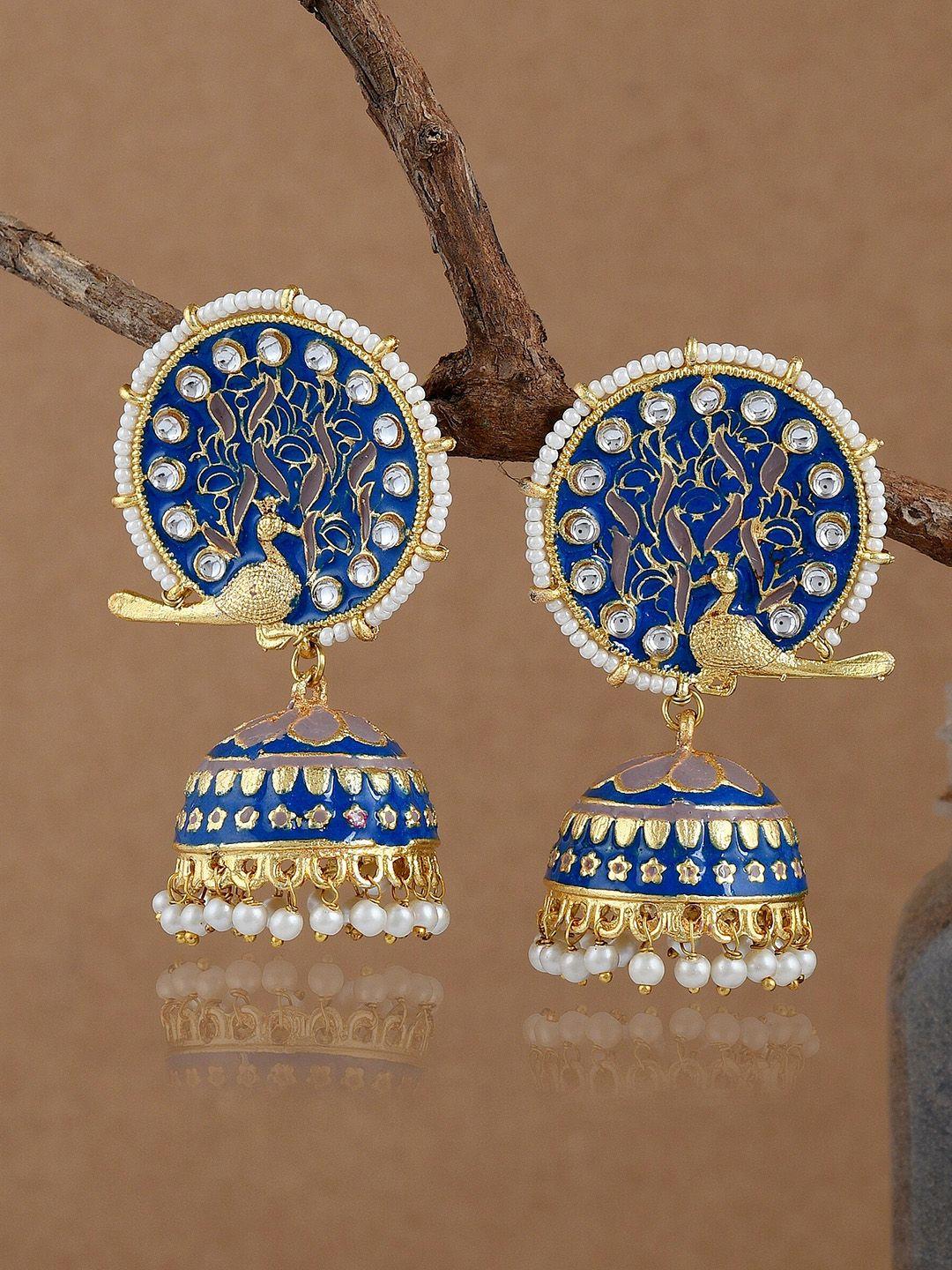 dastoor brass-plated peacock kundan studded shaped jhumkas