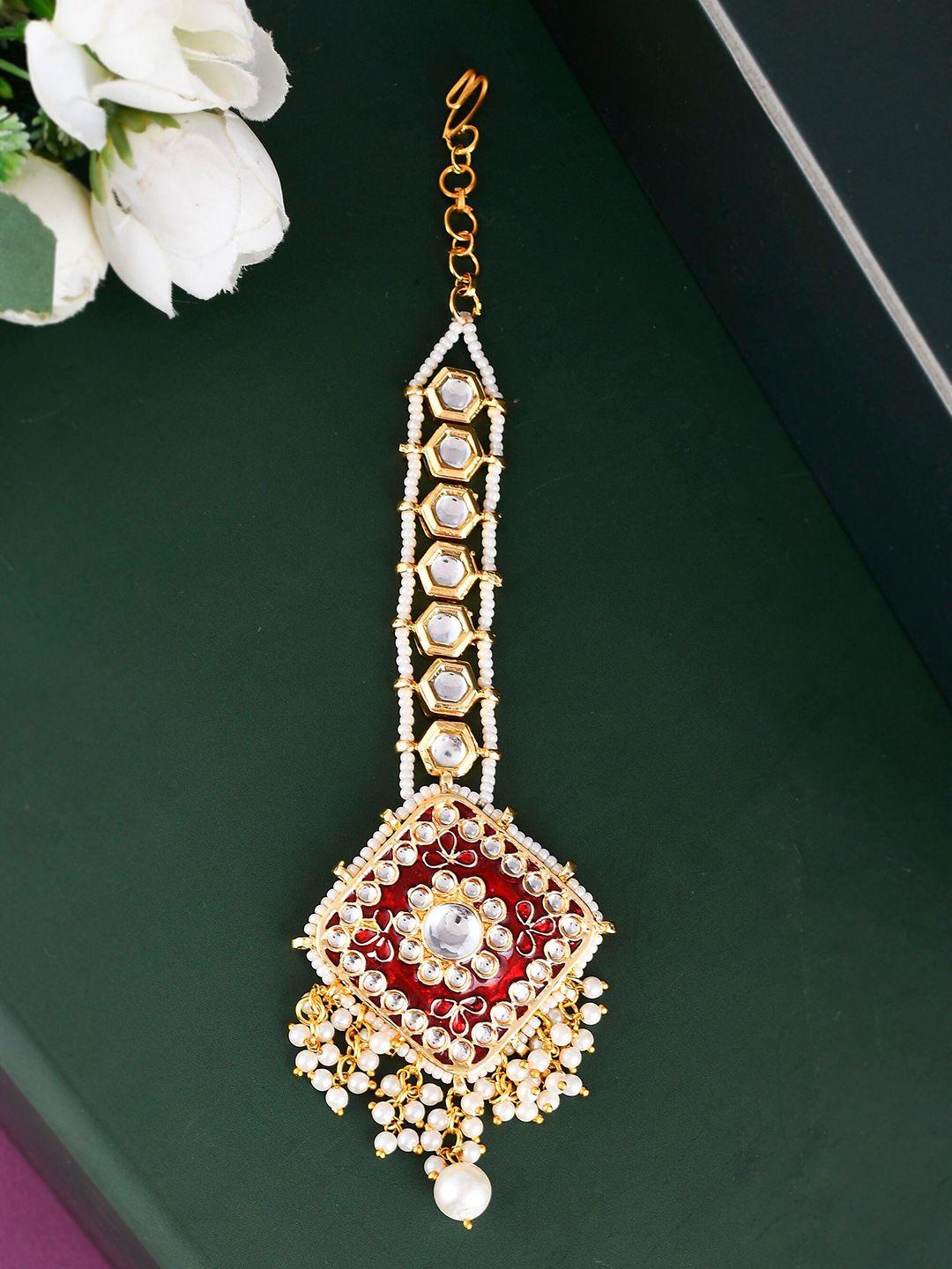 dastoor gold-plated kundan-studded & faux pearls-beaded maang tikka