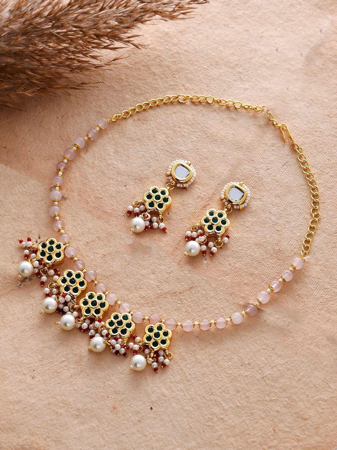 dastoor gold-plated kundan-studded & pearl beaded jewellery set