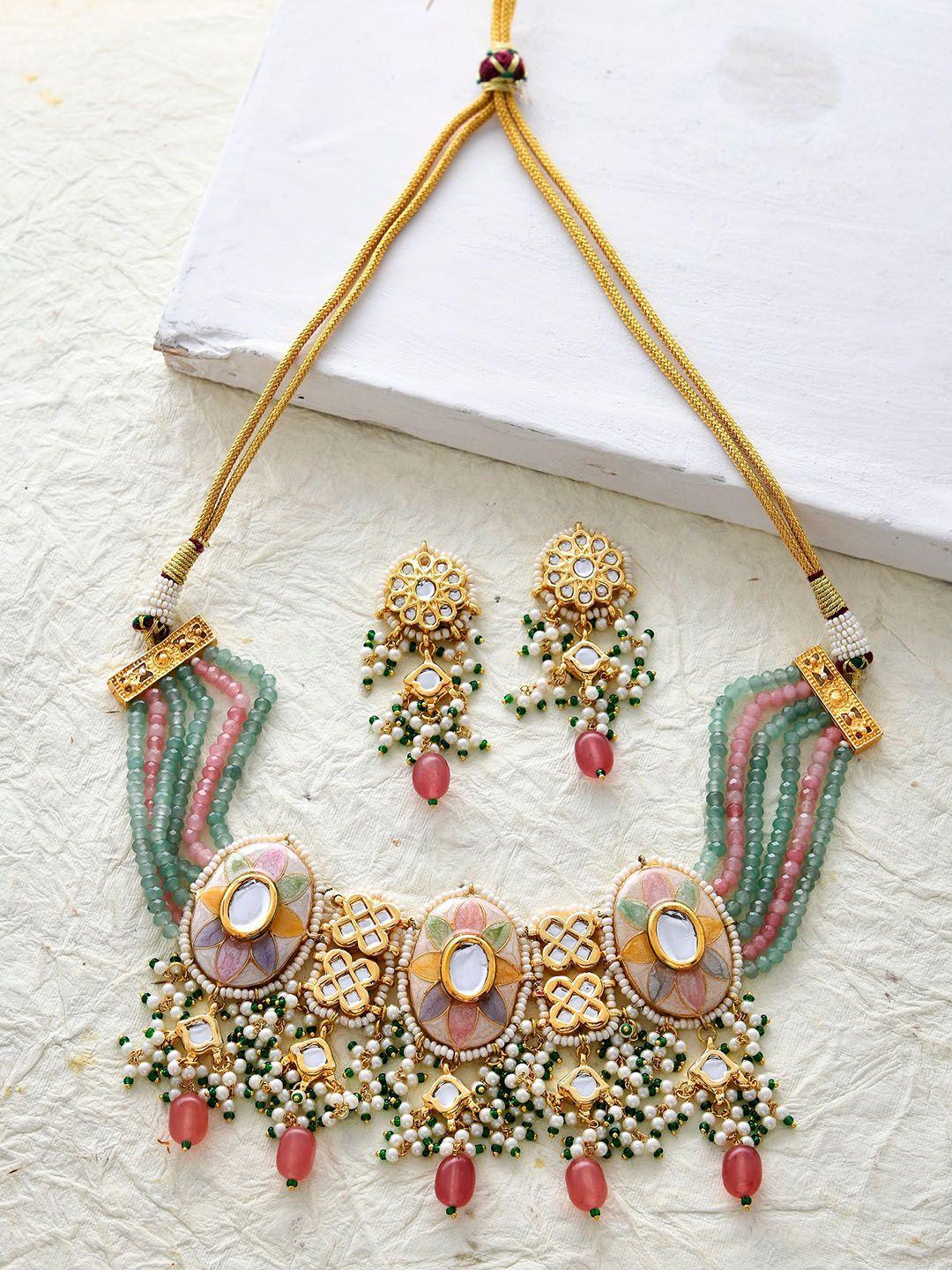 dastoor gold-plated kundan-studded & pearl beaded jewellery set