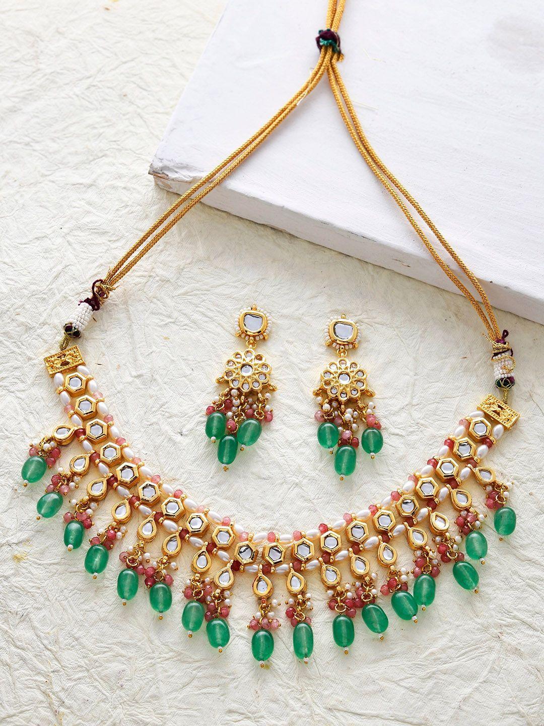 dastoor gold-plated kundan-studded & pearl beaded jewellery set