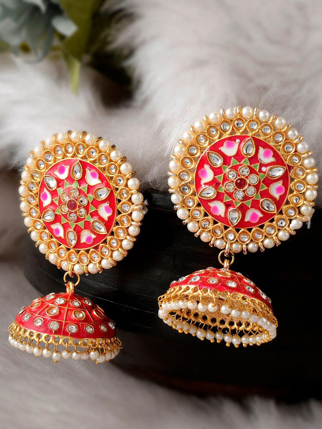 dastoor red & white gold-plated dome shaped jhumkas earrings