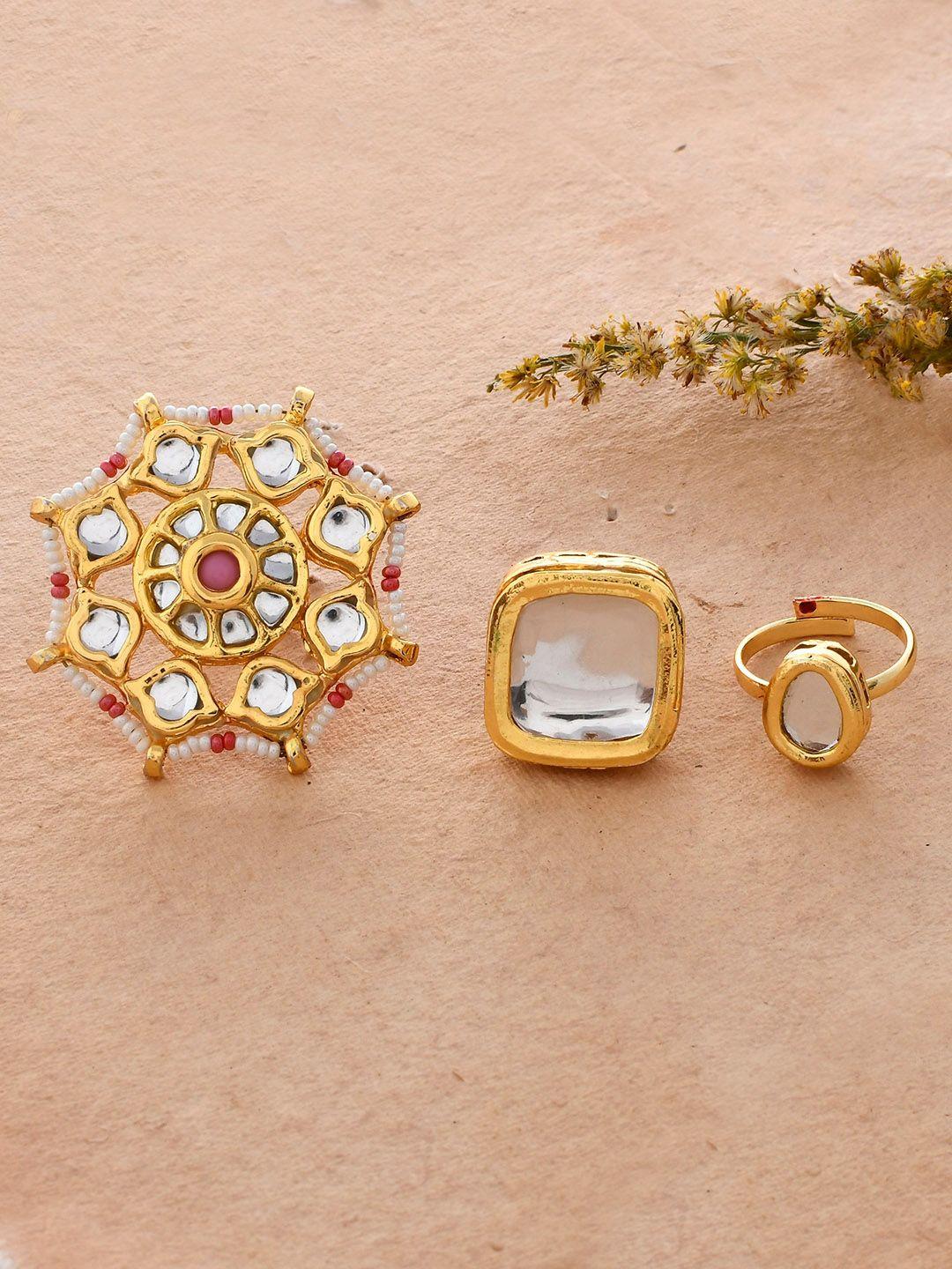 dastoor set of 3 gold-plated kundan-studded adjustable finger ring