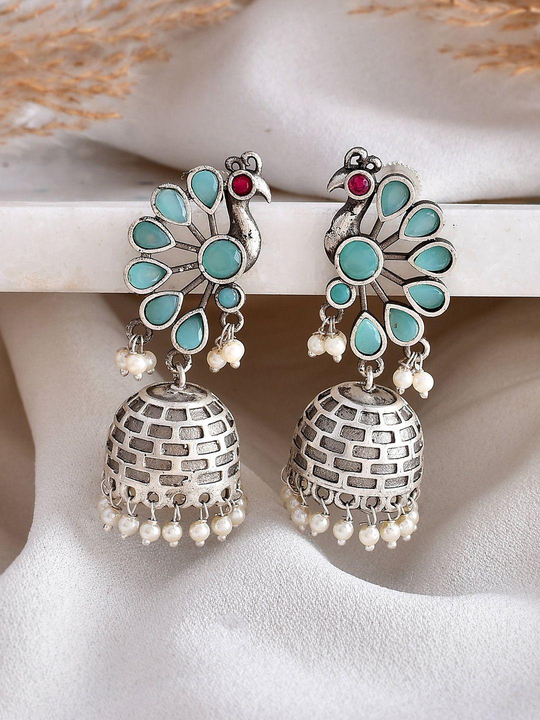 dastoor silver-plated oxidised contemporary jhumkas