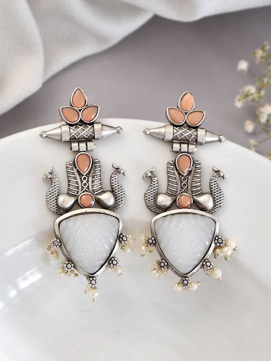 dastoor silver-toned contemporary drop earrings