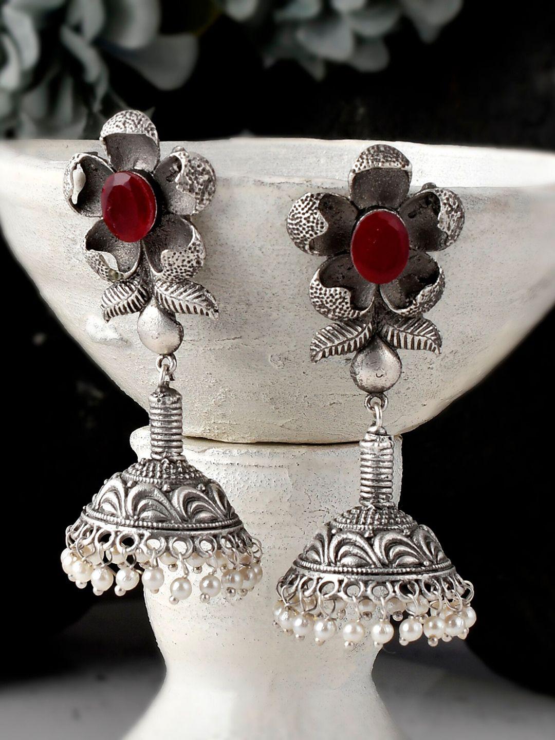 dastoor silver-toned contemporary jhumkas earrings