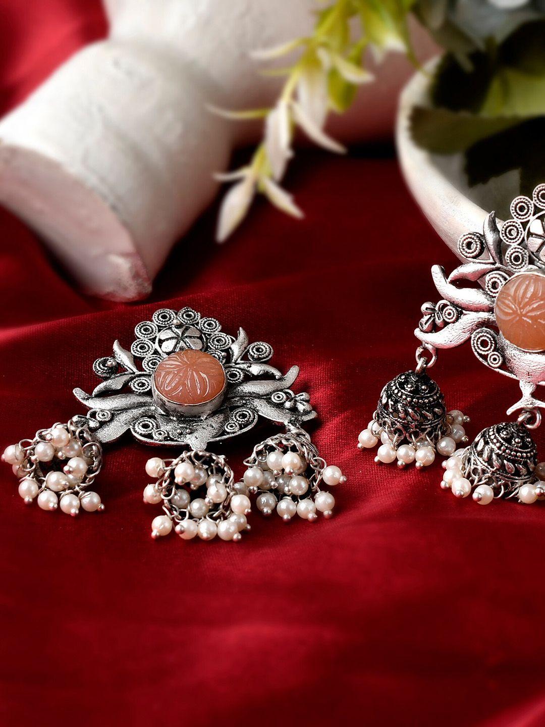 dastoor silver-toned contemporary jhumkas earrings