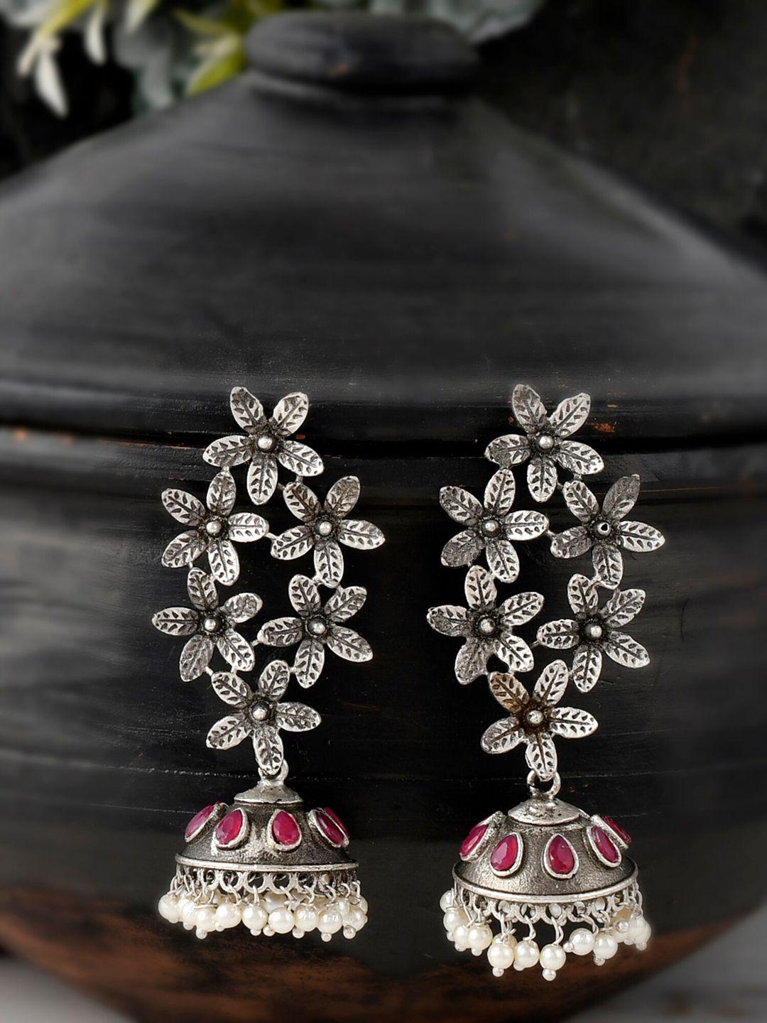 dastoor silver-toned contemporary jhumkas earrings