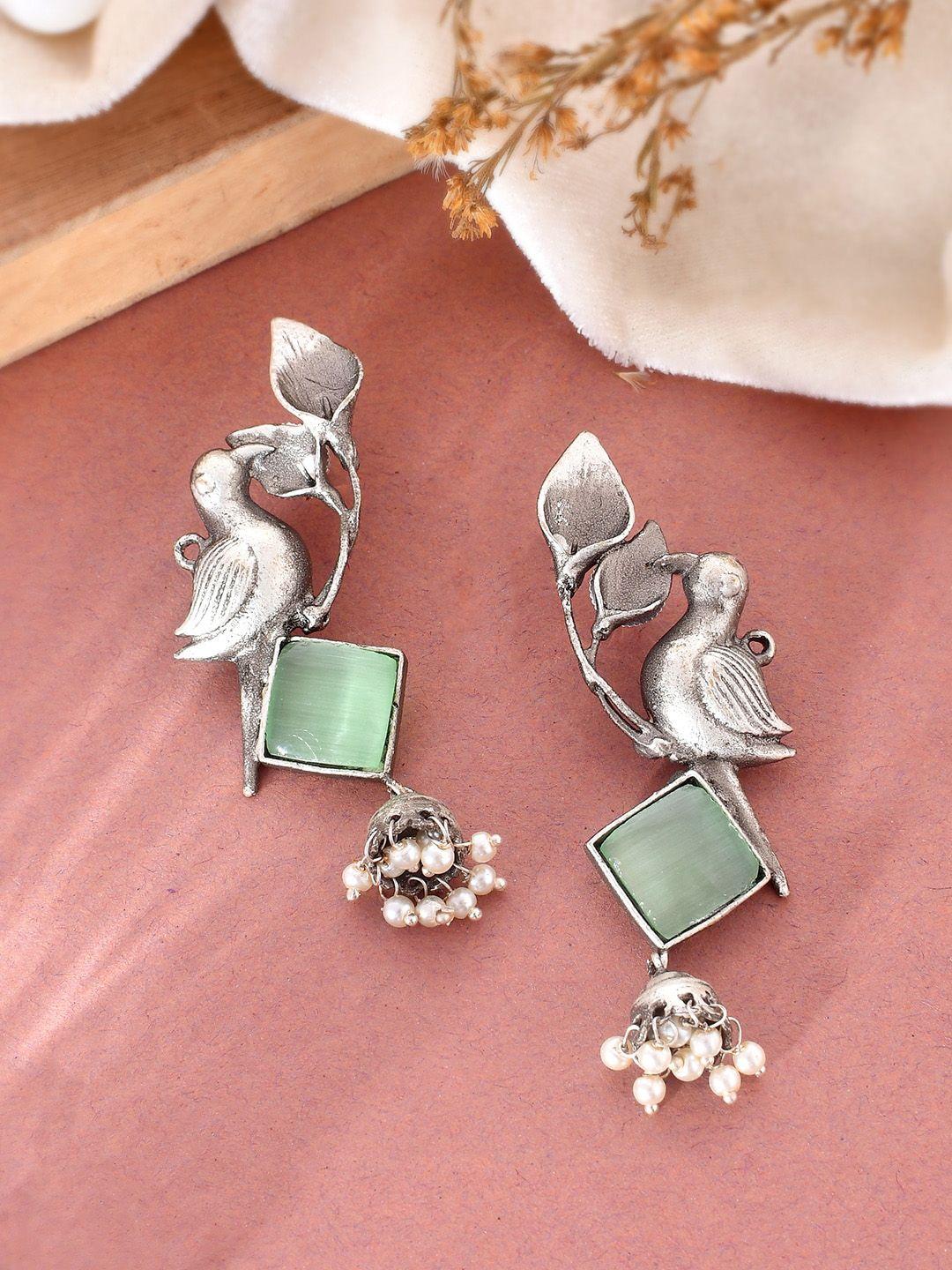 dastoor silver-toned contemporary jhumkas earrings