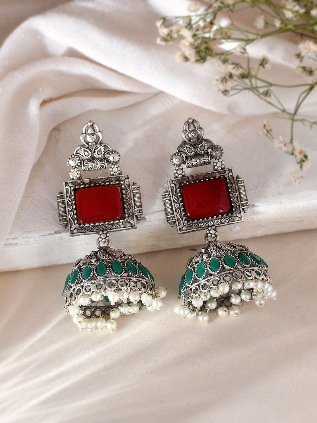 dastoor silver-toned contemporary jhumkas earrings