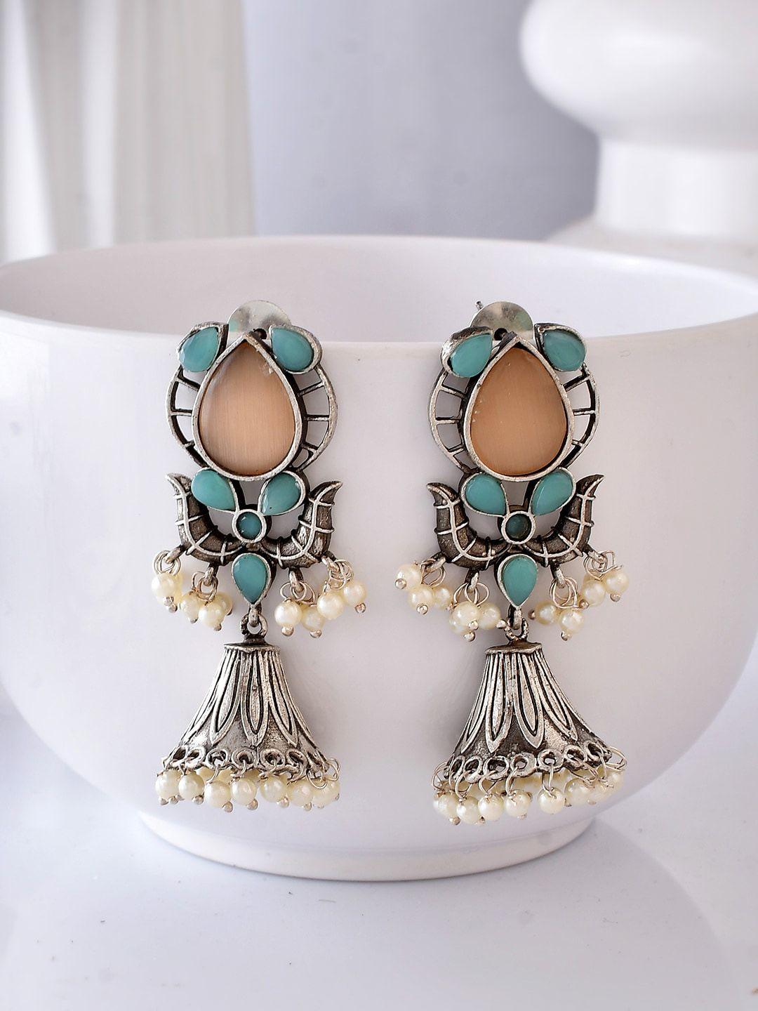 dastoor silver-toned contemporary jhumkas earrings