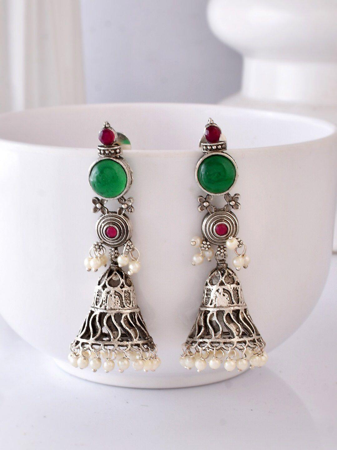 dastoor silver-toned contemporary jhumkas earrings