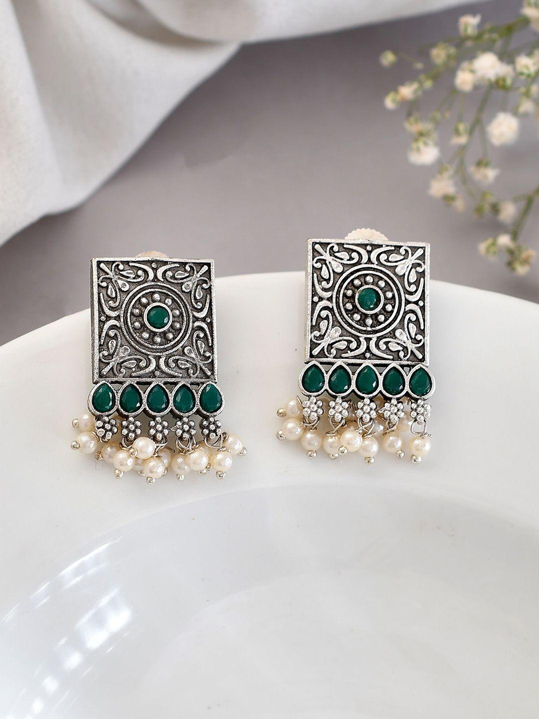 dastoor silver-toned contemporary jhumkas earrings