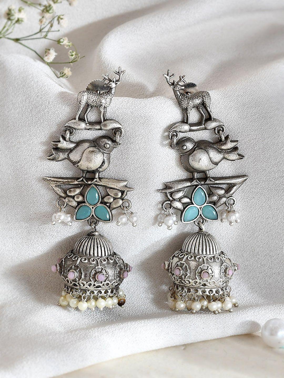 dastoor silver-toned contemporary jhumkas earrings