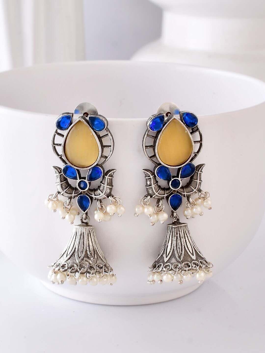 dastoor silver-toned contemporary jhumkas earrings