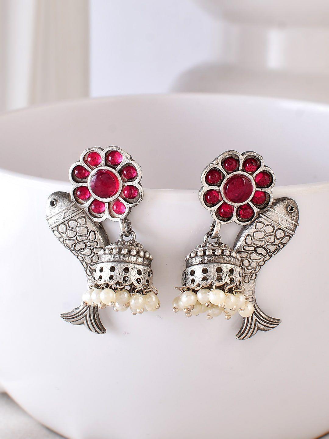 dastoor silver-toned contemporary jhumkas earrings