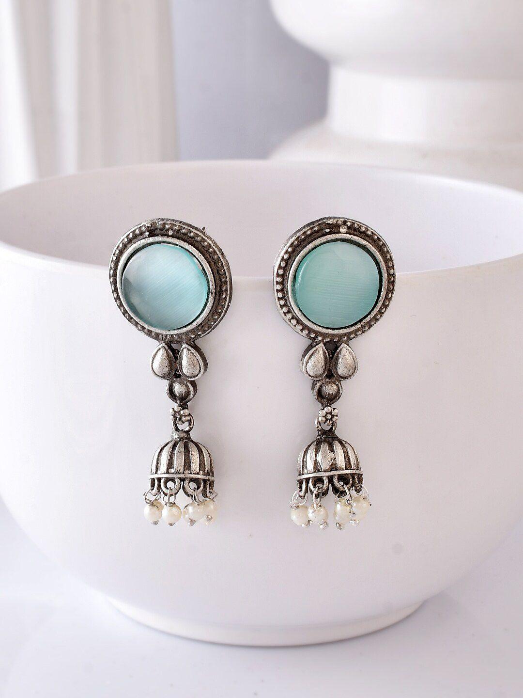 dastoor silver-toned contemporary jhumkas earrings