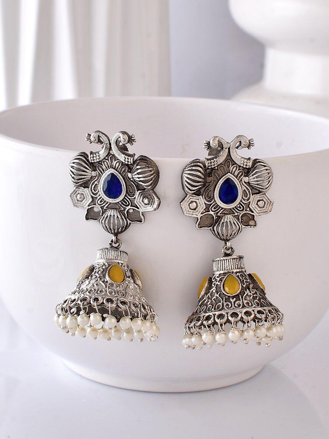 dastoor silver-toned contemporary jhumkas earrings