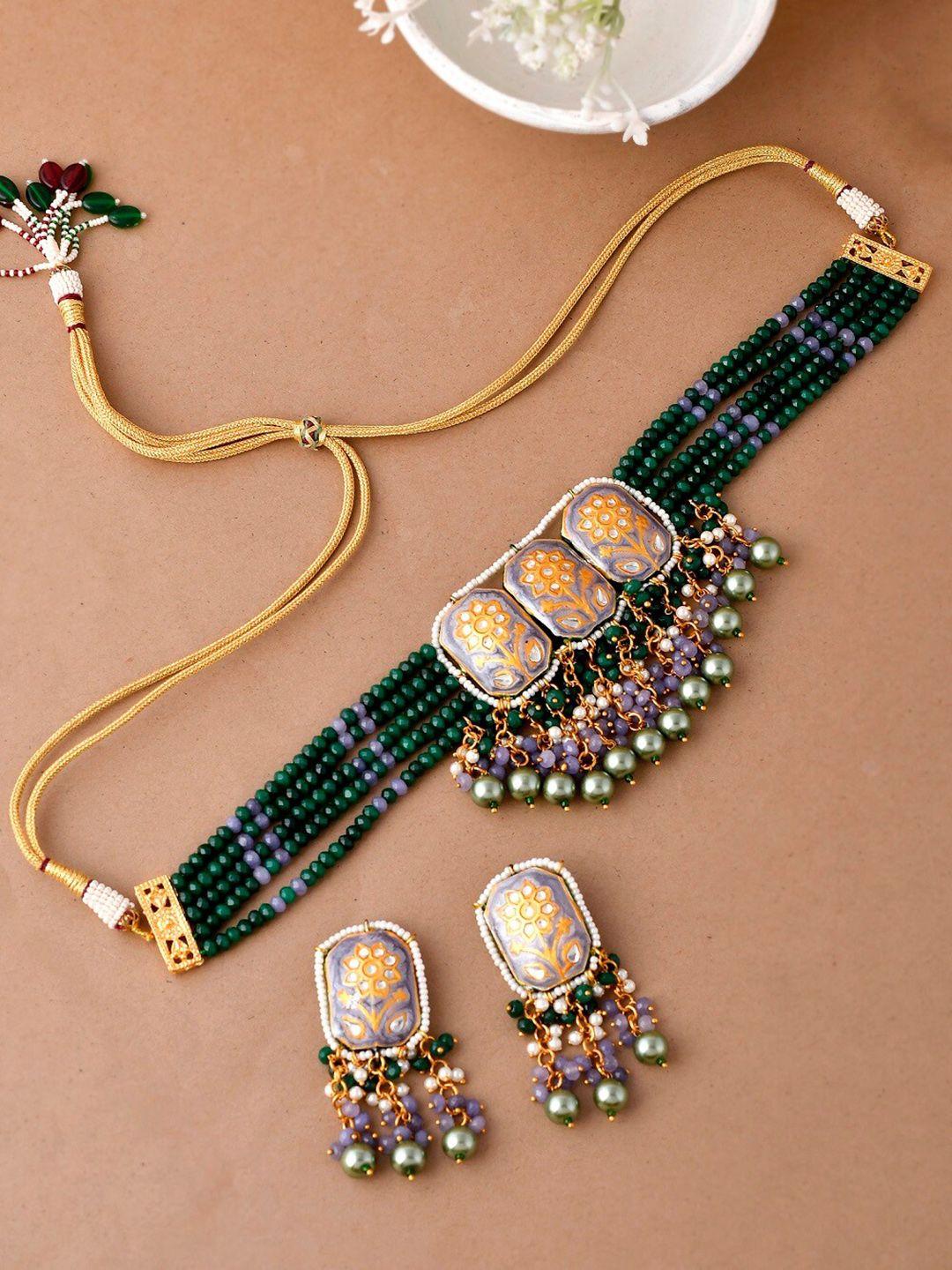 dastoor women green & purple gold-plated kundan stone-studded jewellery set
