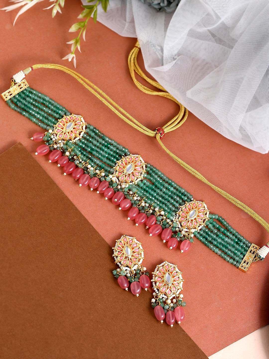 dastoor women green gold-plated polki kundan jewellery set